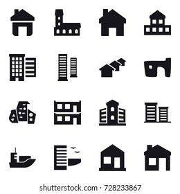 16 vector icon set : home, mansion, cottage, houses, skyscrapers, slum, modern architecture, modular house, building, district, hotel, house