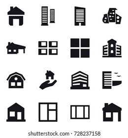 16 vector icon set : home, skyscrapers, skyscraper, modern architecture, house with garage, panel house, window, building, house, real estate, hotel