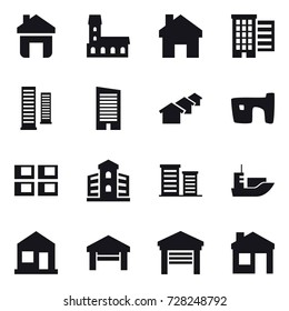 16 vector icon set : home, mansion, houses, skyscrapers, skyscraper, slum, panel house, building, district, garage, house