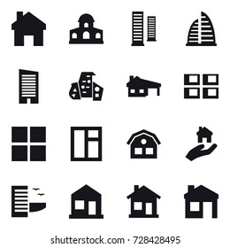 16 vector icon set : home, mansion, skyscrapers, skyscraper, modern architecture, house with garage, panel house, window, house, real estate, hotel