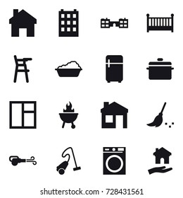 16 vector icon set : home, building, school, crib, Chair for babies, washing, fridge, pan, window, bbq, house, broom, blower, vacuum cleaner, washing machine, housing