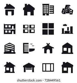 16 vector icon set : home, houses, modern architecture, modular house, panel house, window, city, hotel, bungalow, garage, house