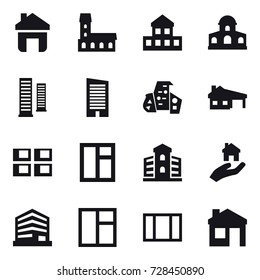 16 vector icon set : home, mansion, cottage, skyscrapers, skyscraper, modern architecture, house with garage, panel house, window, building, real estate, house