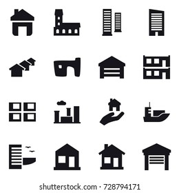 16 vector icon set : home, mansion, skyscrapers, skyscraper, houses, slum, garage, modular house, panel house, city, real estate, hotel