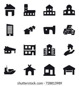 16 vector icon set : home, mansion, cottage, skyscraper, houses, slum, modern architecture, house with garage, modular house, building, real estate, bungalow, garage