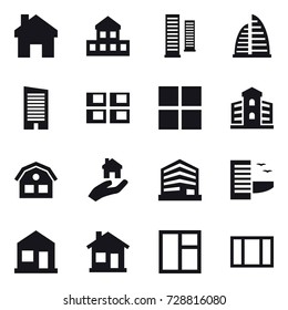 16 vector icon set : home, cottage, skyscrapers, skyscraper, panel house, window, building, house, real estate, hotel