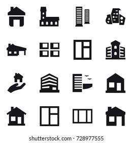 16 vector icon set : home, mansion, skyscrapers, modern architecture, house with garage, panel house, window, building, real estate, hotel, house