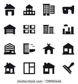 16 vector icon set : home, cottage, houses, slum, garage, panel house, district, city, hotel, bungalow, window, house, scraper