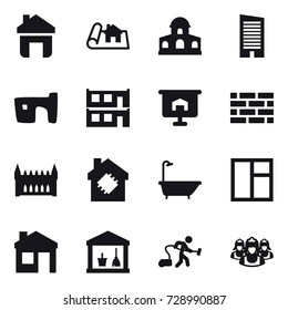 16 vector icon set : home, project, mansion, skyscraper, slum, modular house, presentation, brick wall, gothic architecture, smart house, bath, window, house, utility room, vacuum cleaner, outsource