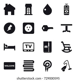 16 vector icon set : home, building, drop, remote control, electricity, power socket, key, table, bed, tv, fridge, rocking chair, welcome mat, towels, vacuum cleaner