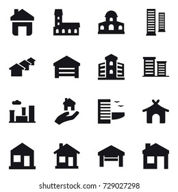 16 vector icon set : home, mansion, skyscrapers, houses, garage, building, district, city, real estate, hotel, bungalow, house