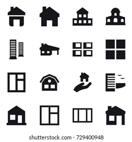 16 vector icon set : home, cottage, mansion, skyscrapers, house with garage, panel house, window, house, real estate, hotel