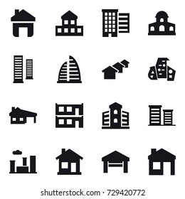16 vector icon set : home, cottage, houses, mansion, skyscrapers, skyscraper, modern architecture, house with garage, modular house, building, district, city, garage, house