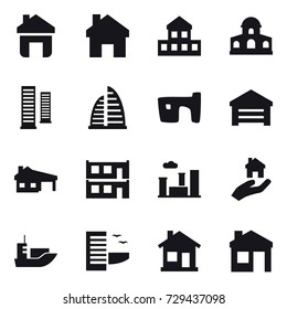 16 vector icon set : home, cottage, mansion, skyscrapers, skyscraper, slum, garage, house with garage, modular house, city, real estate, hotel, house