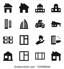 16 vector icon set : home, cottage, mansion, skyscrapers, skyscraper, modern architecture, house with garage, panel house, window, real estate, hotel, house