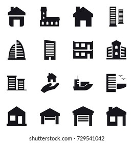 16 vector icon set : home, mansion, skyscrapers, skyscraper, modular house, building, district, real estate, hotel, garage, house