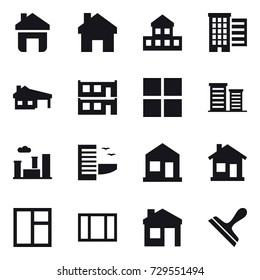 16 vector icon set : home, cottage, houses, house with garage, modular house, window, district, city, hotel, house, scraper