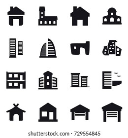 16 vector icon set : home, mansion, skyscrapers, skyscraper, slum, modern architecture, modular house, building, district, hotel, bungalow, garage
