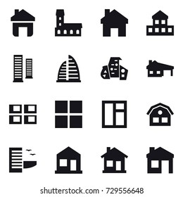 16 vector icon set : home, mansion, cottage, skyscrapers, skyscraper, modern architecture, house with garage, panel house, window, house, hotel