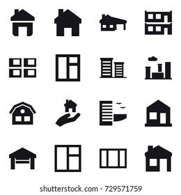 16 vector icon set : home, house with garage, modular house, panel house, window, district, city, house, real estate, hotel, garage