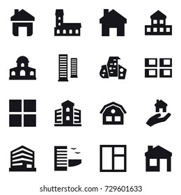 16 vector icon set : home, mansion, cottage, skyscrapers, modern architecture, panel house, window, building, house, real estate, hotel