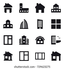 16 vector icon set : home, mansion, cottage, skyscraper, window, building, house, hotel