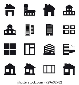16 vector icon set : home, mansion, cottage, skyscrapers, skyscraper, panel house, window, hotel, house