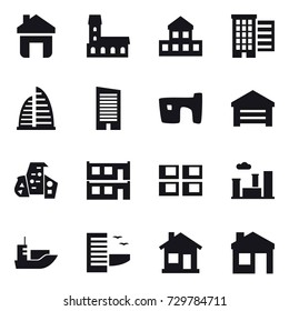 16 vector icon set : home, mansion, cottage, houses, skyscraper, slum, garage, modern architecture, modular house, panel house, city, hotel, house