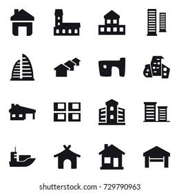 16 vector icon set : home, mansion, cottage, skyscrapers, skyscraper, houses, slum, modern architecture, house with garage, panel house, building, district, bungalow, garage