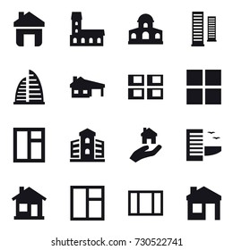 16 vector icon set : home, mansion, skyscrapers, skyscraper, house with garage, panel house, window, building, real estate, hotel, house