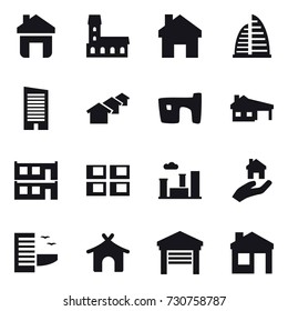 16 vector icon set : home, mansion, skyscraper, houses, slum, house with garage, modular house, panel house, city, real estate, hotel, bungalow, garage, house