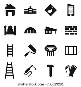 16 vector icon set : home, under construction, skyscraper, minaret, hangare, house with garage, brick wall, stairs, repair, antique column, window, gloves