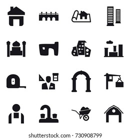 16 vector icon set : home, bridge, project, skyscrapers, minaret, slum, modern architecture, city, measuring tape, architector, arch, water tap, wheelbarrow, barn