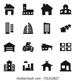 16 vector icon set : home, mansion, skyscrapers, skyscraper, houses, garage, modern architecture, house with garage, panel house, building, city, bungalow