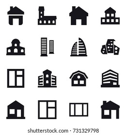 16 vector icon set : home, mansion, cottage, skyscrapers, skyscraper, modern architecture, window, building, house