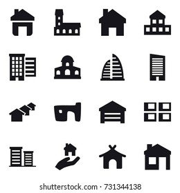 16 vector icon set : home, mansion, cottage, houses, skyscraper, slum, garage, panel house, district, real estate, bungalow, house