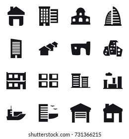 16 vector icon set : home, houses, mansion, skyscraper, slum, modern architecture, modular house, panel house, district, city, hotel, garage, house