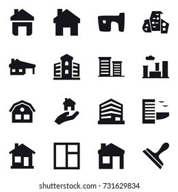 16 vector icon set : home, slum, modern architecture, house with garage, building, district, city, house, real estate, hotel, window, scraper