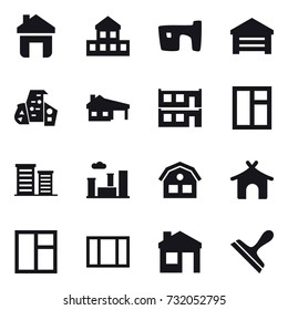 16 vector icon set : home, cottage, slum, garage, modern architecture, house with garage, modular house, window, district, city, house, bungalow, scraper