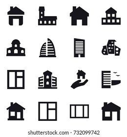 16 vector icon set : home, mansion, cottage, skyscraper, modern architecture, window, building, real estate, hotel, house