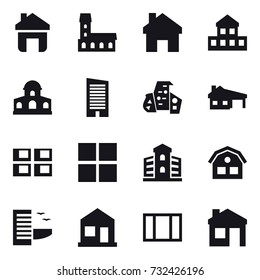 16 vector icon set : home, mansion, cottage, skyscraper, modern architecture, house with garage, panel house, window, building, house, hotel