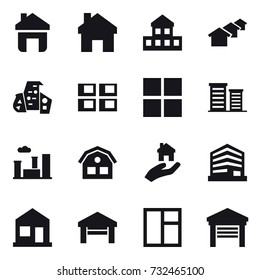 16 vector icon set : home, cottage, houses, modern architecture, panel house, window, district, city, house, real estate, garage