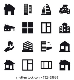 16 vector icon set : home, skyscrapers, skyscraper, modern architecture, house with garage, window, building, real estate, hotel, house