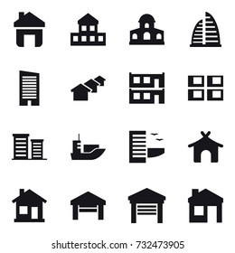 16 vector icon set : home, cottage, mansion, skyscraper, houses, modular house, panel house, district, hotel, bungalow, garage, house