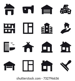 16 vector icon set : home, slum, garage, modern architecture, modular house, window, building, real estate, hotel, bungalow, house, scraper