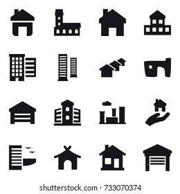 16 vector icon set : home, mansion, cottage, houses, skyscrapers, slum, garage, building, city, real estate, hotel, bungalow