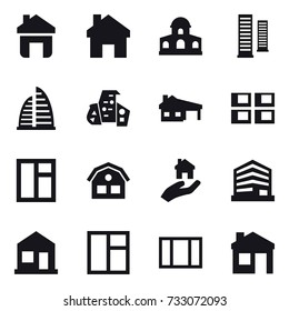 16 vector icon set : home, mansion, skyscrapers, skyscraper, modern architecture, house with garage, panel house, window, house, real estate