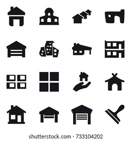 16 vector icon set : home, mansion, houses, slum, garage, modern architecture, house with garage, modular house, panel house, window, real estate, bungalow, scraper
