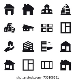 16 vector icon set : home, mansion, skyscraper, modern architecture, house with garage, panel house, window, real estate, hotel, house