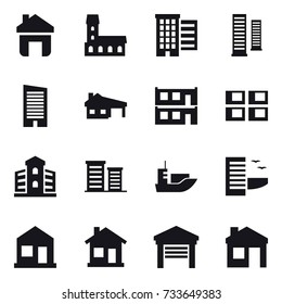 16 vector icon set : home, mansion, houses, skyscrapers, skyscraper, house with garage, modular house, panel house, building, district, hotel, garage, house